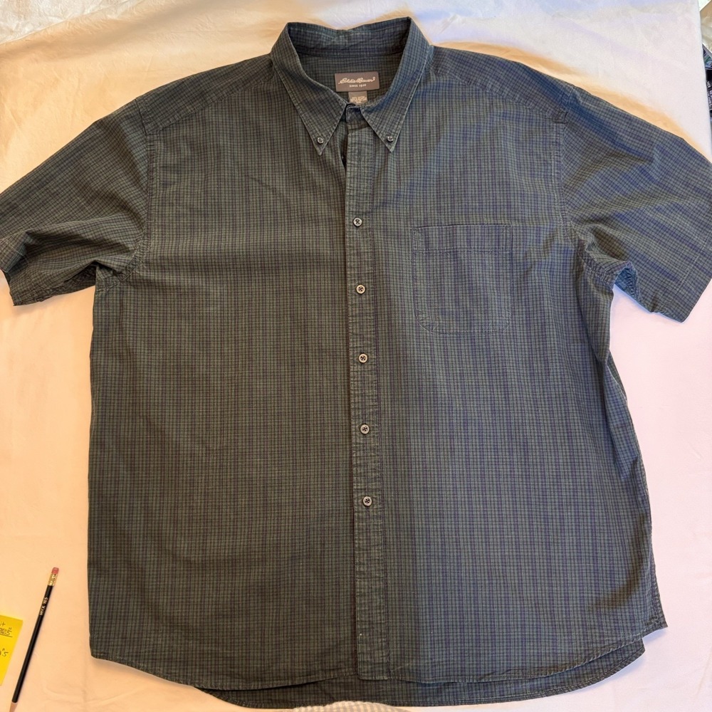 Eddie Bauer Men's‎ XXL Button Up Shirt Dark Green Plaid 100% Cotton Short Sleeve